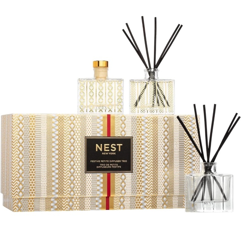 NEST New York Petite Diffuser Birchwood Pine, Holiday, and Blue Cypress & Snow.